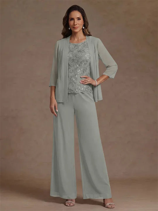 Ensemble pantalon 3 pièces mère de la mariée, mousseline col rond, veste, manches 3/4, dentelle sequins, longueur cheville