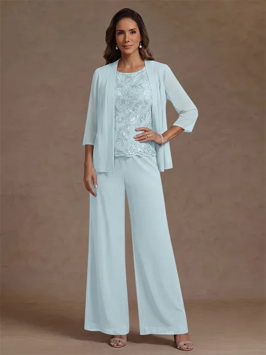 Ensemble pantalon 3 pièces mère de la mariée, mousseline col rond, veste, manches 3/4, dentelle sequins, longueur cheville
