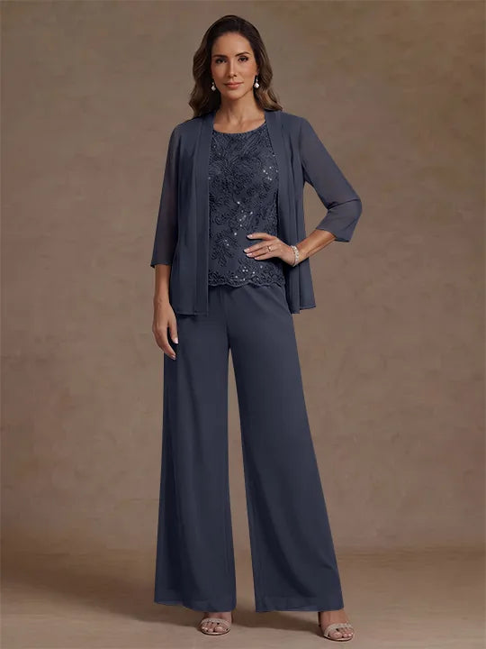 Ensemble pantalon 3 pièces mère de la mariée, mousseline col rond, veste, manches 3/4, dentelle sequins, longueur cheville