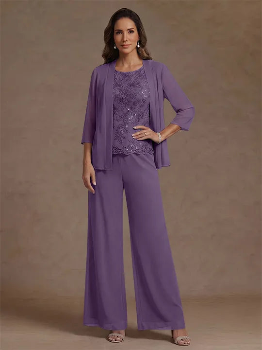 Ensemble pantalon 3 pièces mère de la mariée, mousseline col rond, veste, manches 3/4, dentelle sequins, longueur cheville