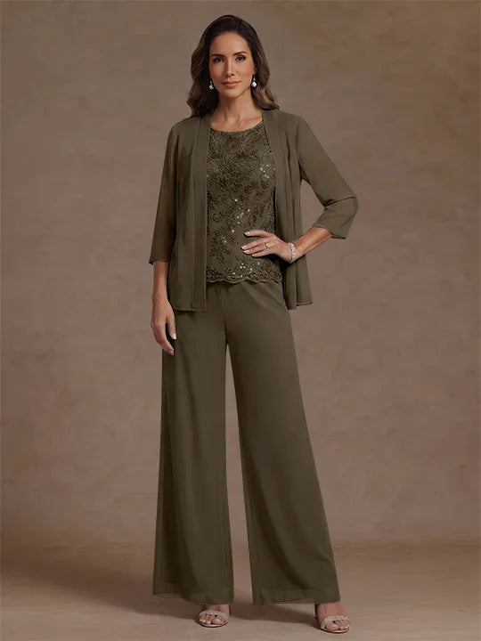 Ensemble pantalon 3 pièces mère de la mariée, mousseline col rond, veste, manches 3/4, dentelle sequins, longueur cheville