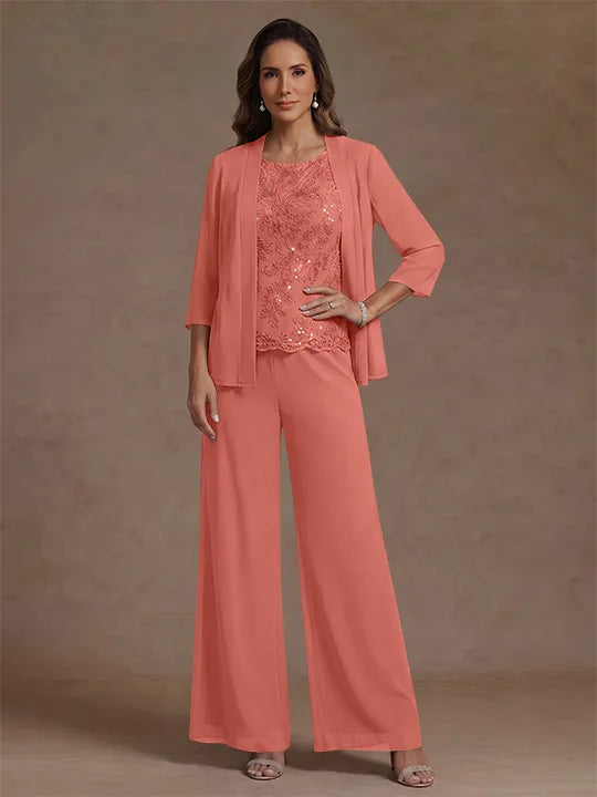 Ensemble pantalon 3 pièces mère de la mariée, mousseline col rond, veste, manches 3/4, dentelle sequins, longueur cheville