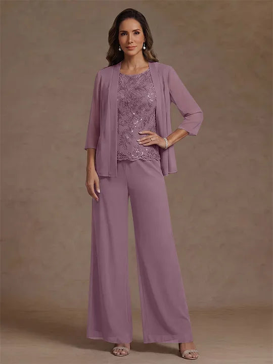 Ensemble pantalon 3 pièces mère de la mariée, mousseline col rond, veste, manches 3/4, dentelle sequins, longueur cheville