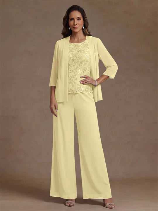 Ensemble pantalon 3 pièces mère de la mariée, mousseline col rond, veste, manches 3/4, dentelle sequins, longueur cheville