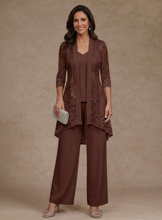 Ensemble pantalon 3 pièces mère de la mariée mousseline col V, veste dentelle, manches 3/4, longueur cheville
