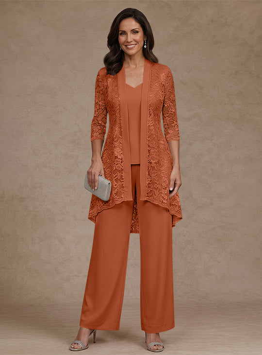 Ensemble pantalon 3 pièces mère de la mariée mousseline col V, veste dentelle, manches 3/4, longueur cheville