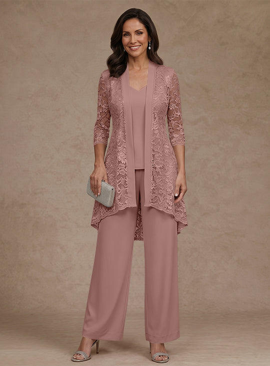 Ensemble pantalon 3 pièces mère de la mariée mousseline col V, veste dentelle, manches 3/4, longueur cheville