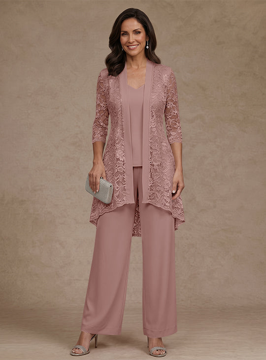 Ensemble pantalon 3 pièces mère de la mariée mousseline col V, veste dentelle, manches 3/4, longueur cheville