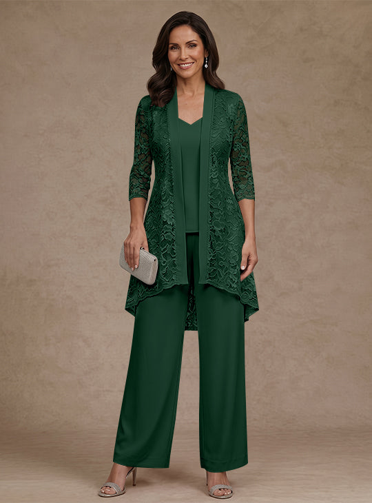 Ensemble pantalon 3 pièces mère de la mariée mousseline col V, veste dentelle, manches 3/4, longueur cheville