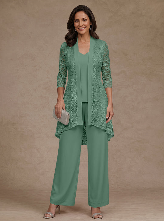 Ensemble pantalon 3 pièces mère de la mariée mousseline col V, veste dentelle, manches 3/4, longueur cheville