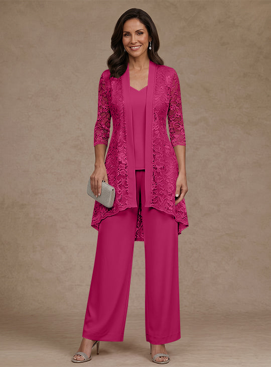 Ensemble pantalon 3 pièces mère de la mariée mousseline col V, veste dentelle, manches 3/4, longueur cheville
