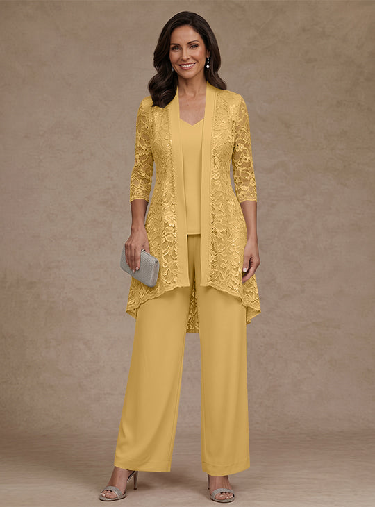 Ensemble pantalon 3 pièces mère de la mariée mousseline col V, veste dentelle, manches 3/4, longueur cheville