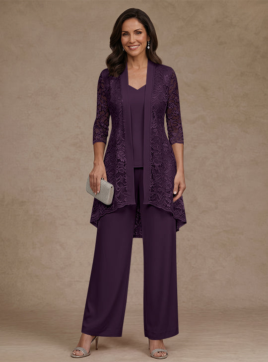 Ensemble pantalon 3 pièces mère de la mariée mousseline col V, veste dentelle, manches 3/4, longueur cheville