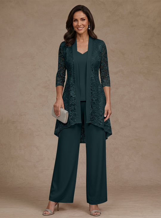 Ensemble pantalon 3 pièces mère de la mariée mousseline col V, veste dentelle, manches 3/4, longueur cheville