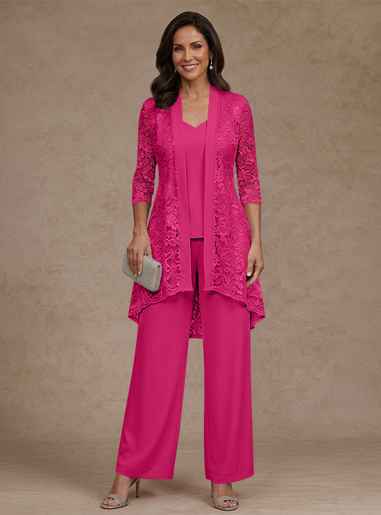 Ensemble pantalon 3 pièces mère de la mariée mousseline col V, veste dentelle, manches 3/4, longueur cheville