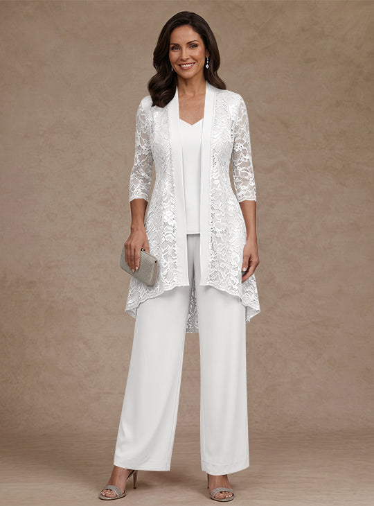 Ensemble pantalon 3 pièces mère de la mariée mousseline col V, veste dentelle, manches 3/4, longueur cheville
