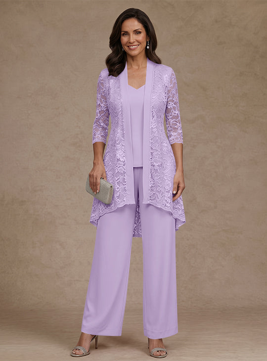 Ensemble pantalon 3 pièces mère de la mariée mousseline col V, veste dentelle, manches 3/4, longueur cheville