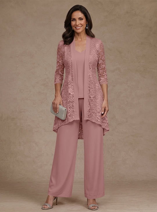 Ensemble pantalon 3 pièces mère de la mariée mousseline col V, veste dentelle, manches 3/4, longueur cheville