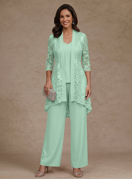 Ensemble pantalon 3 pièces mère de la mariée mousseline col V, veste dentelle, manches 3/4, longueur cheville