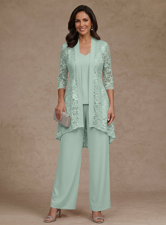 Ensemble pantalon 3 pièces mère de la mariée mousseline col V, veste dentelle, manches 3/4, longueur cheville