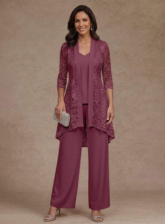 Ensemble pantalon 3 pièces mère de la mariée mousseline col V, veste dentelle, manches 3/4, longueur cheville