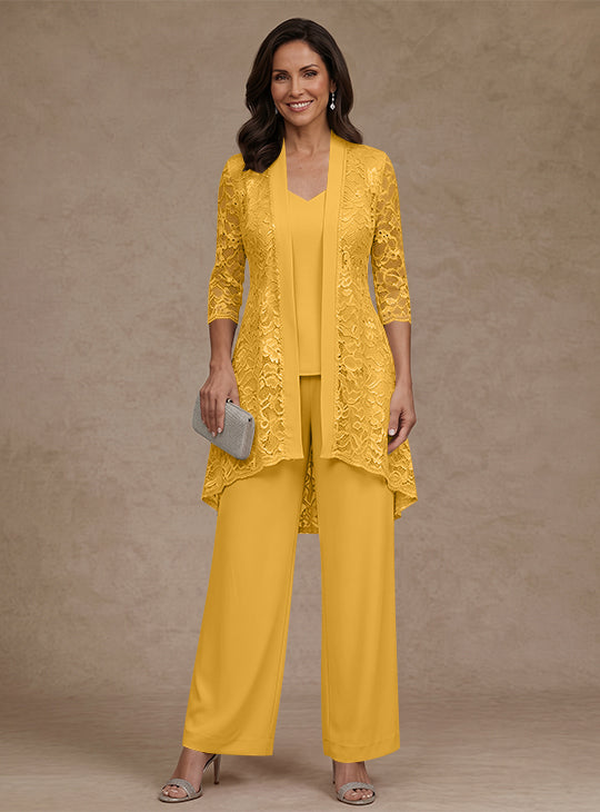 Ensemble pantalon 3 pièces mère de la mariée mousseline col V, veste dentelle, manches 3/4, longueur cheville
