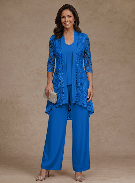 Ensemble pantalon 3 pièces mère de la mariée mousseline col V, veste dentelle, manches 3/4, longueur cheville