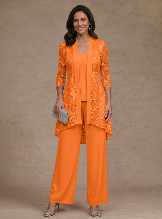 Ensemble pantalon 3 pièces mère de la mariée mousseline col V, veste dentelle, manches 3/4, longueur cheville
