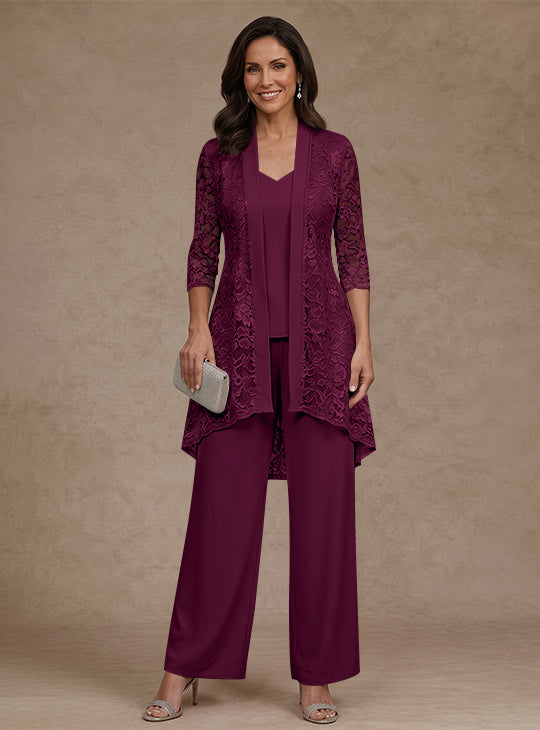 Ensemble pantalon 3 pièces mère de la mariée mousseline col V, veste dentelle, manches 3/4, longueur cheville