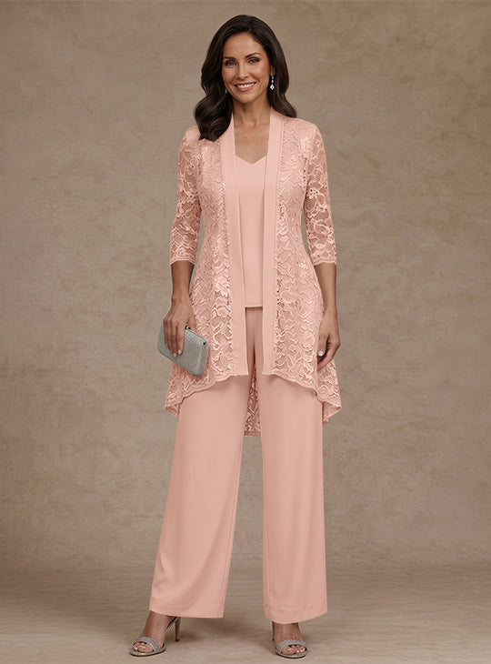 Ensemble pantalon 3 pièces mère de la mariée mousseline col V, veste dentelle, manches 3/4, longueur cheville