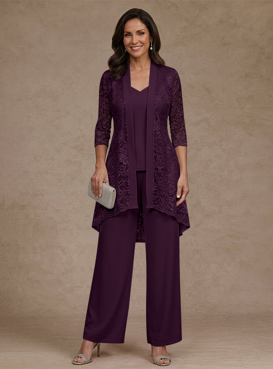 Ensemble pantalon 3 pièces mère de la mariée mousseline col V, veste dentelle, manches 3/4, longueur cheville