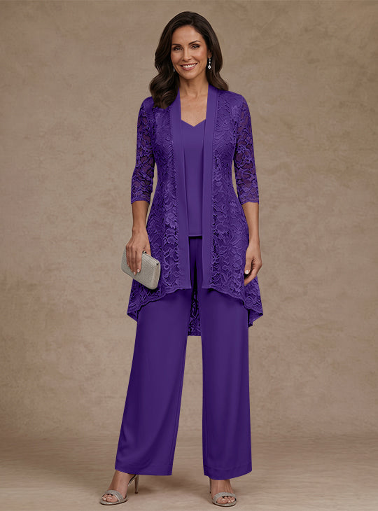 Ensemble pantalon 3 pièces mère de la mariée mousseline col V, veste dentelle, manches 3/4, longueur cheville