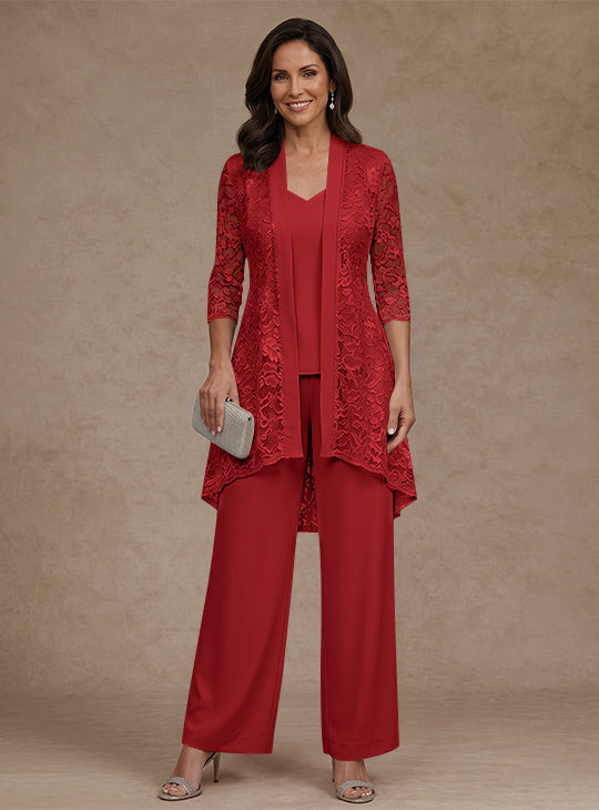 Ensemble pantalon 3 pièces mère de la mariée mousseline col V, veste dentelle, manches 3/4, longueur cheville