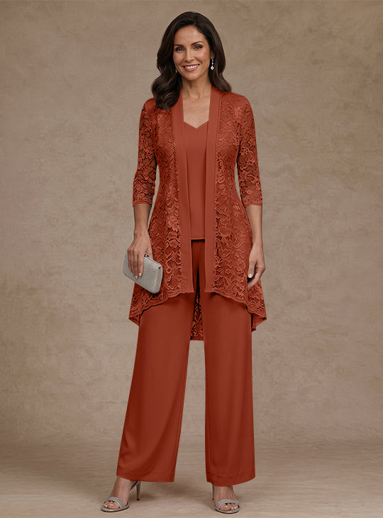 Ensemble pantalon 3 pièces mère de la mariée mousseline col V, veste dentelle, manches 3/4, longueur cheville