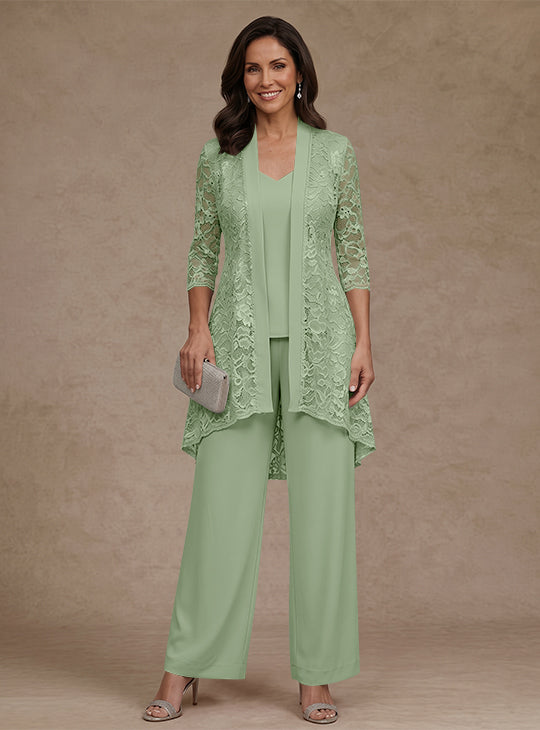 Ensemble pantalon 3 pièces mère de la mariée mousseline col V, veste dentelle, manches 3/4, longueur cheville