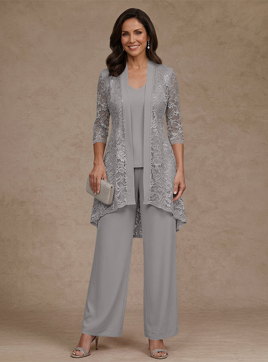 Ensemble pantalon 3 pièces mère de la mariée mousseline col V, veste dentelle, manches 3/4, longueur cheville