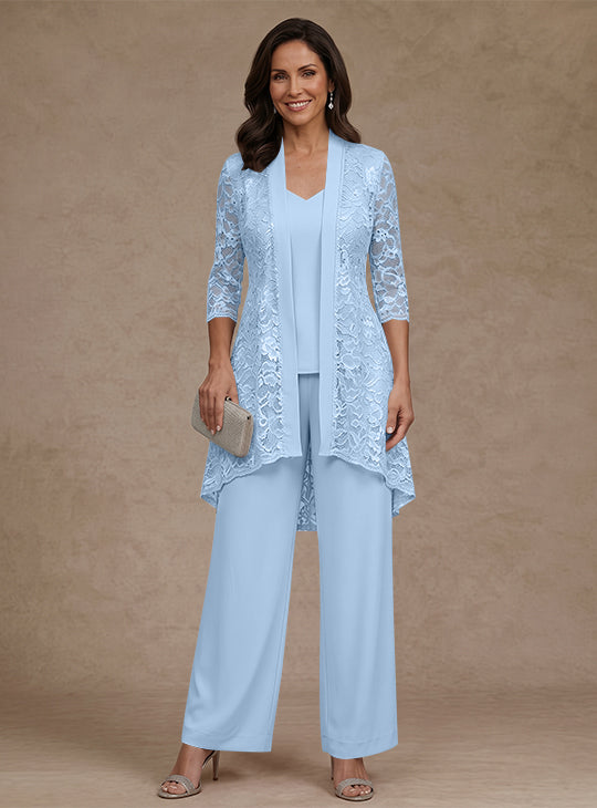 Ensemble pantalon 3 pièces mère de la mariée mousseline col V, veste dentelle, manches 3/4, longueur cheville