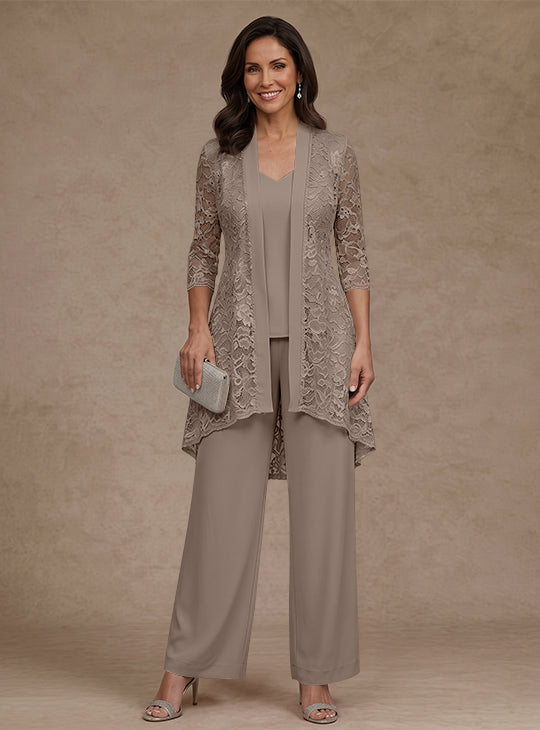 Ensemble pantalon 3 pièces mère de la mariée mousseline col V, veste dentelle, manches 3/4, longueur cheville