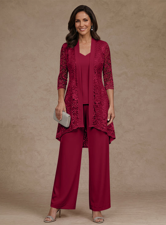 Ensemble pantalon 3 pièces mère de la mariée mousseline col V, veste dentelle, manches 3/4, longueur cheville
