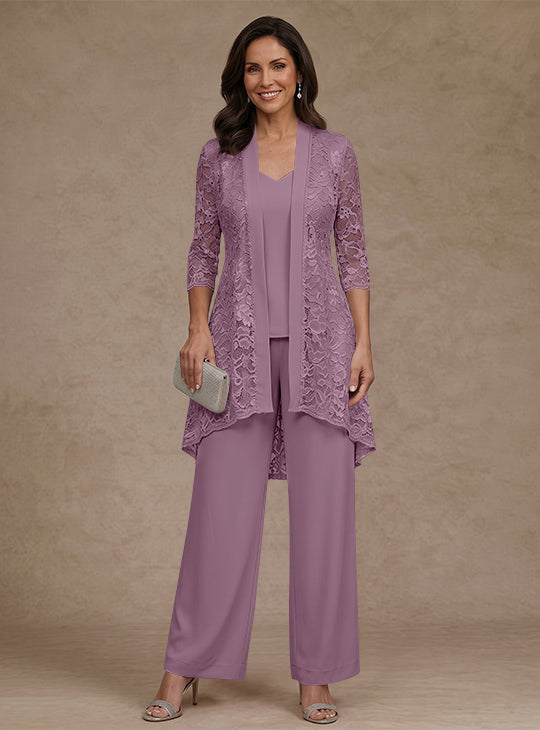 Ensemble pantalon 3 pièces mère de la mariée mousseline col V, veste dentelle, manches 3/4, longueur cheville
