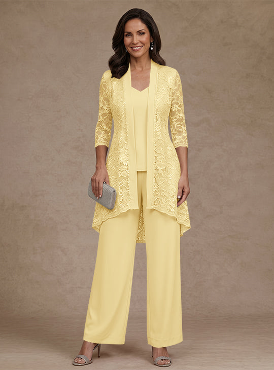 Ensemble pantalon 3 pièces mère de la mariée mousseline col V, veste dentelle, manches 3/4, longueur cheville