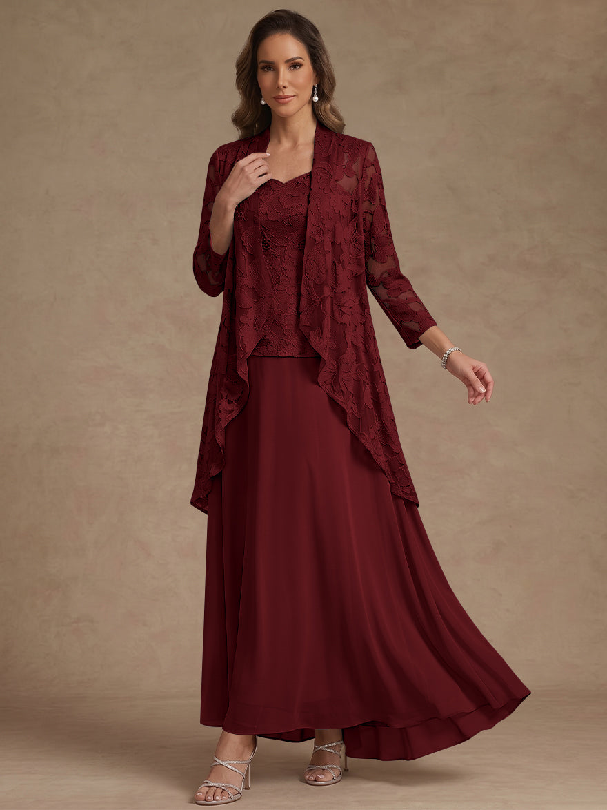 Ensemble 3 pièces, robe ligne A/princesse, décolleté en V, mousseline, pour mère de la mariée, avec veste, dentelle, longueur de la cheville, manches 3/4