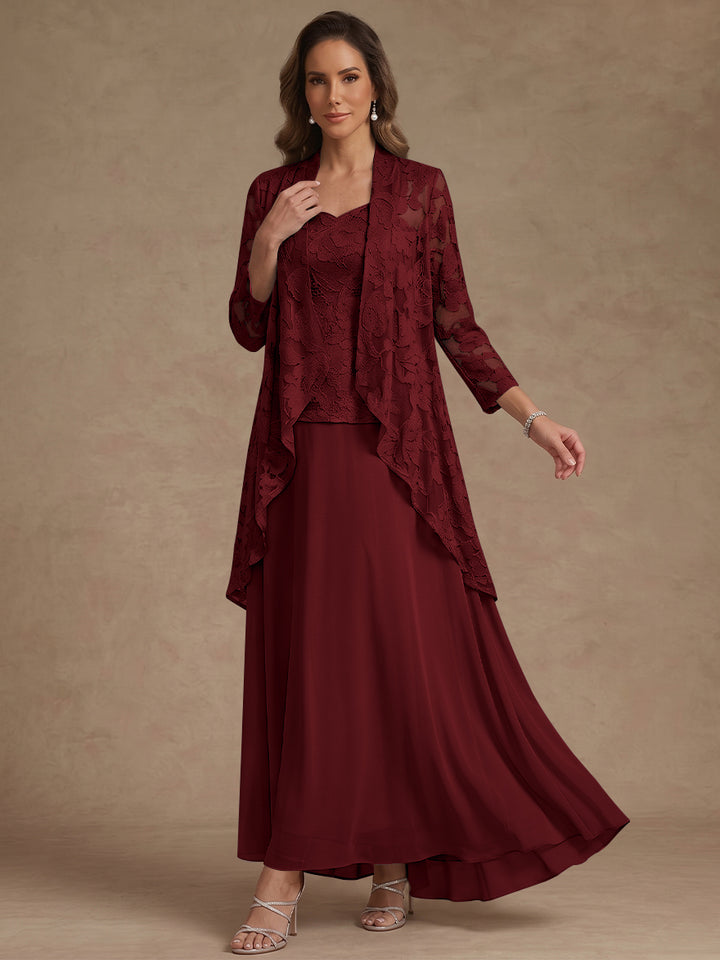 Ensemble 3 pièces, robe ligne A/princesse, décolleté en V, mousseline, pour mère de la mariée, avec veste, dentelle, longueur de la cheville, manches 3/4