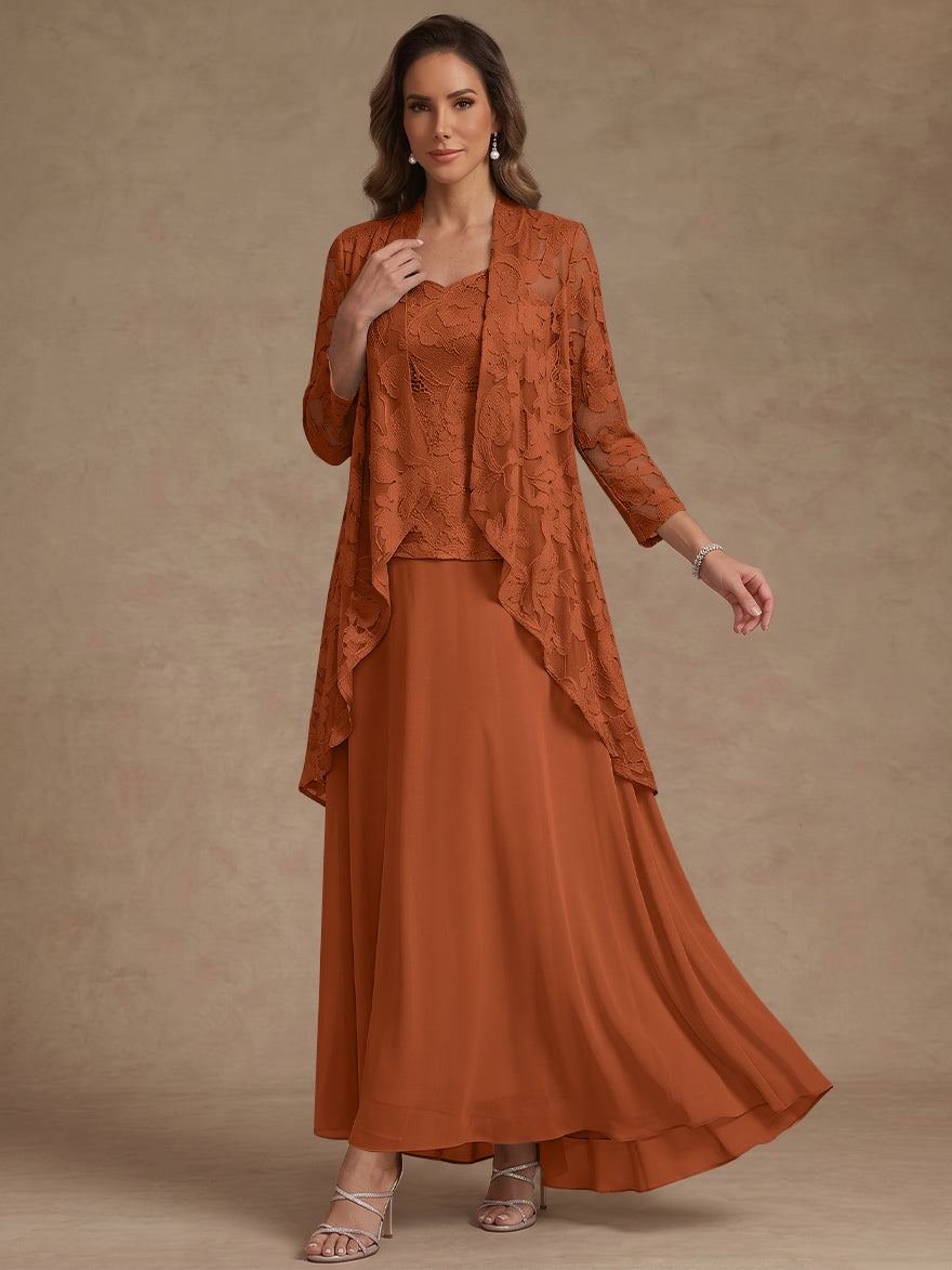 Ensemble 3 pièces, robe ligne A/princesse, décolleté en V, mousseline, pour mère de la mariée, avec veste, dentelle, longueur de la cheville, manches 3/4