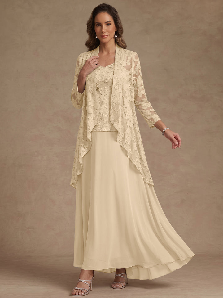 Ensemble 3 pièces, robe ligne A/princesse, décolleté en V, mousseline, pour mère de la mariée, avec veste, dentelle, longueur de la cheville, manches 3/4