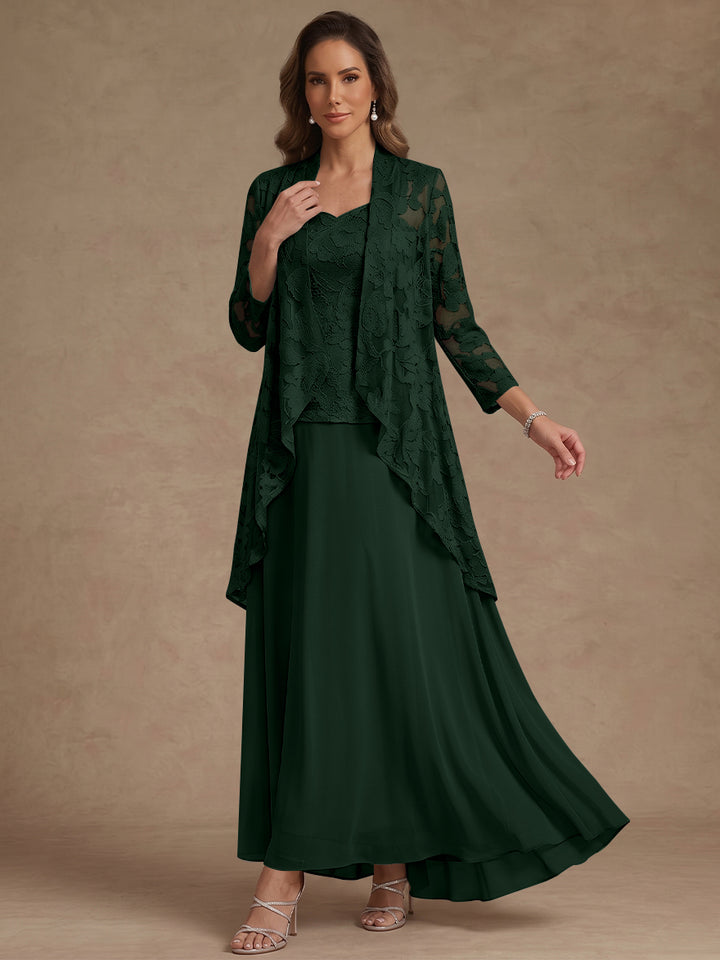Ensemble 3 pièces, robe ligne A/princesse, décolleté en V, mousseline, pour mère de la mariée, avec veste, dentelle, longueur de la cheville, manches 3/4
