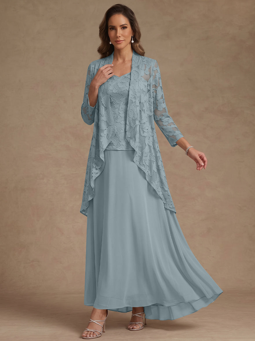 Ensemble 3 pièces, robe ligne A/princesse, décolleté en V, mousseline, pour mère de la mariée, avec veste, dentelle, longueur de la cheville, manches 3/4