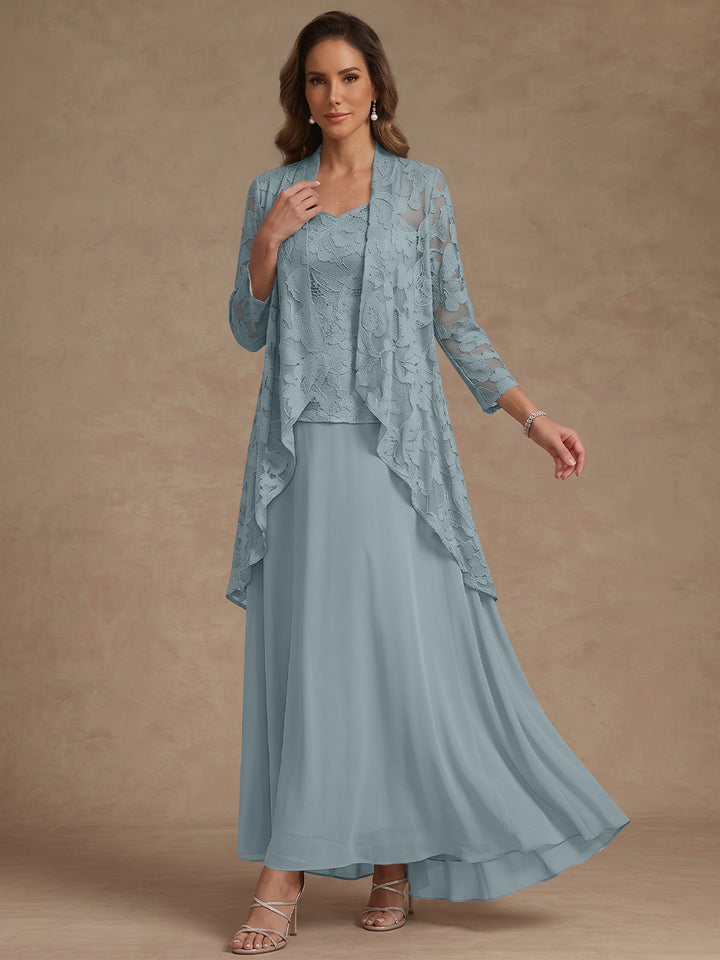 Ensemble 3 pièces, robe ligne A/princesse, décolleté en V, mousseline, pour mère de la mariée, avec veste, dentelle, longueur de la cheville, manches 3/4