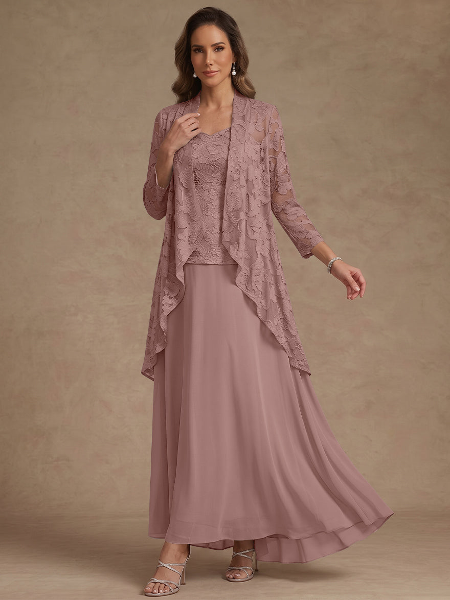 Ensemble 3 pièces, robe ligne A/princesse, décolleté en V, mousseline, pour mère de la mariée, avec veste, dentelle, longueur de la cheville, manches 3/4