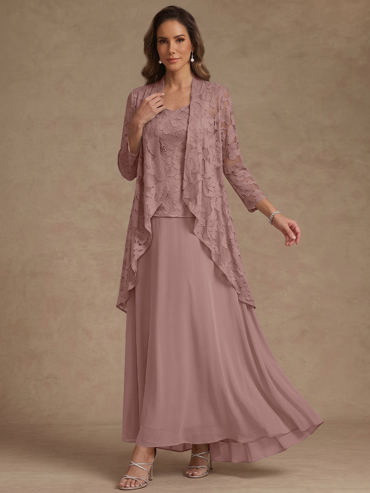 Ensemble 3 pièces, robe ligne A/princesse, décolleté en V, mousseline, pour mère de la mariée, avec veste, dentelle, longueur de la cheville, manches 3/4